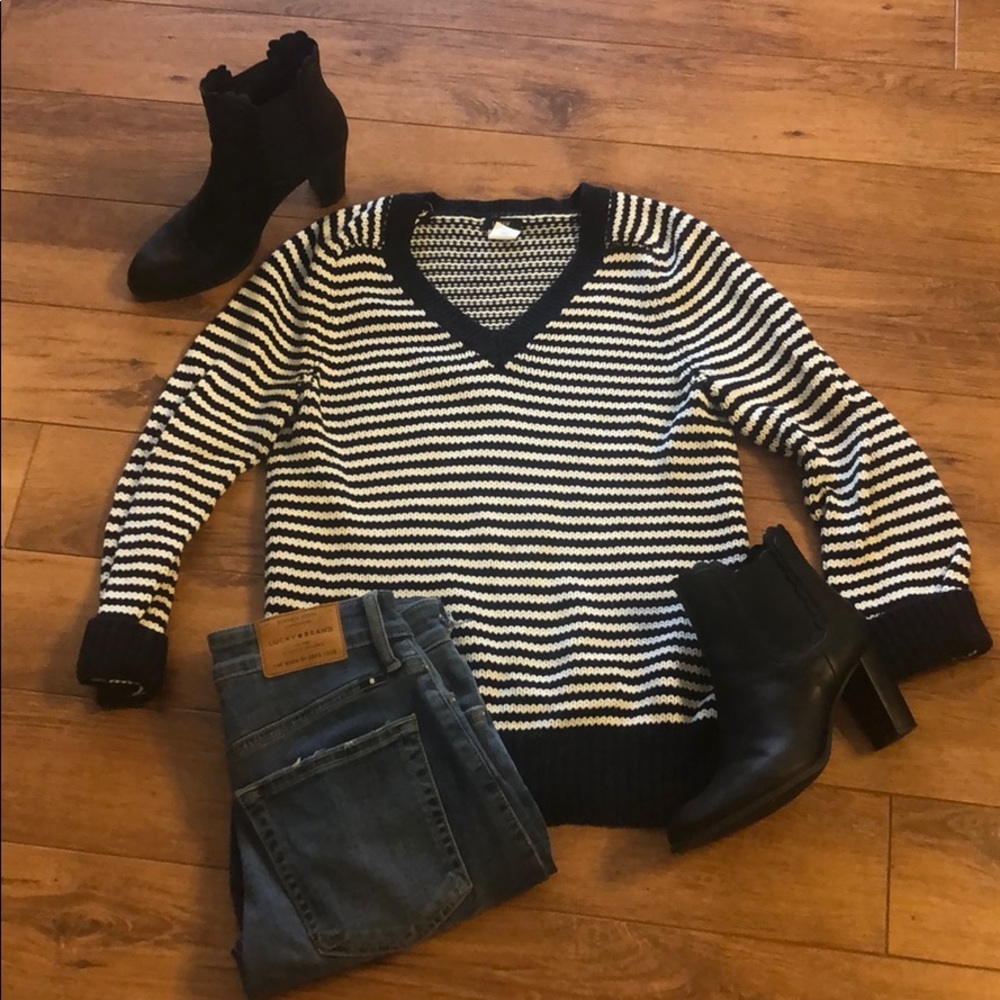 J.CREW navy and white striped v neck sweater